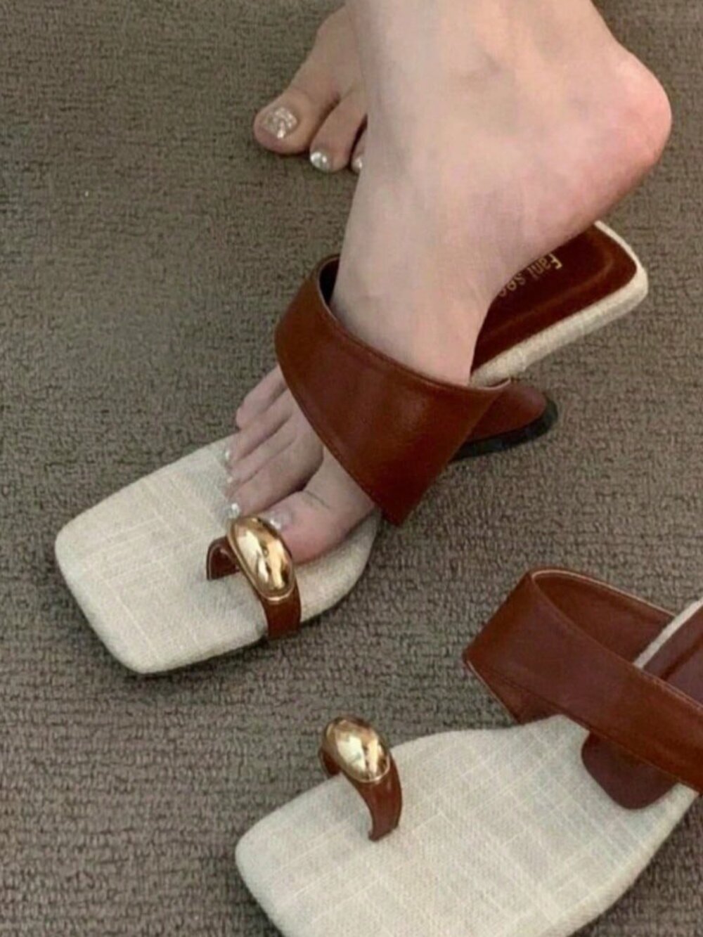 Brown French Style Women's Faux Leather Pointed Toe Wedge Heel One-Strap Sandals
